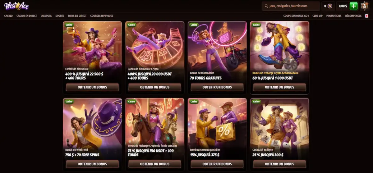 les bonus disponibles sur le casino sans wager Westace