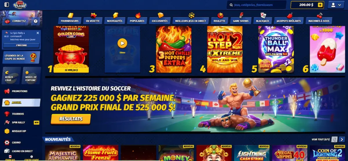 page d'accueil de Bigclash Casino avec les machines à sous et notre compte actif.