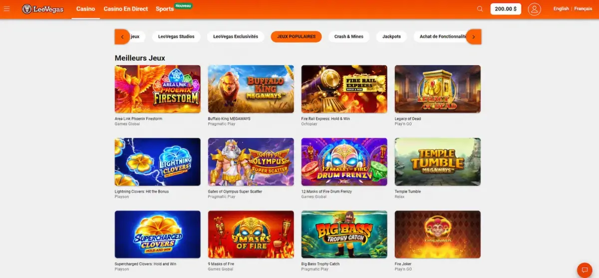 page d'accueil du casino Leovegas montrant les meilleurs jeux et le solde actuel de 200 $
